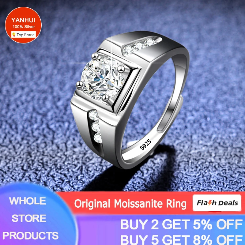 1 Carat Moissanite Ring S925 Silver Rings For Men Gift Eternity Engagement Wedding Band (if fake, refund 100 times of the price)