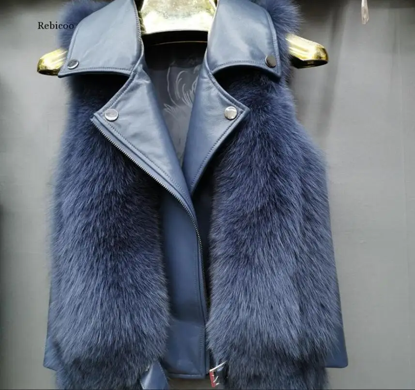 

hot new fake fox fur long vest black fox fur gilet winter high quality women fox with PU sheepskin leathe