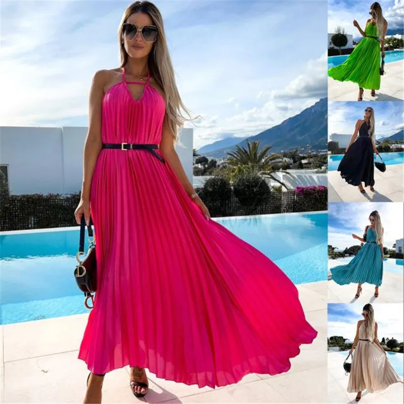 

New Solid Color Pleated Suspenders Sweet Waist Fashion Elegant Bohemian Maxi Dress With Belt Big Hem A Line Long Skirt 4A008