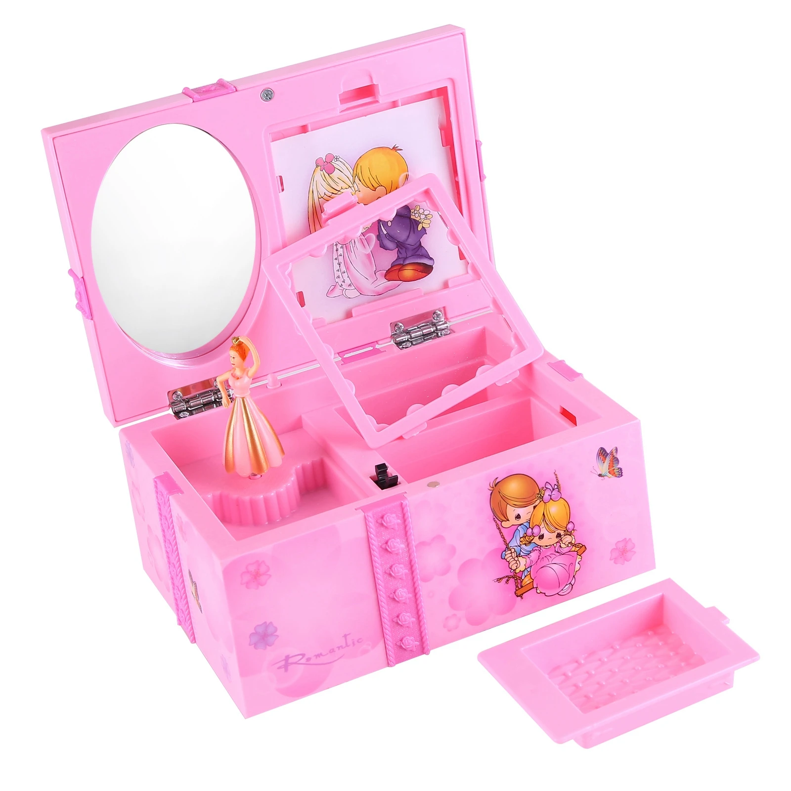 

Rotating Dancing Girl Music Box Clockwork Plastic Jewelry Box Musical Box Necklace Storage Organizer Gift With Makeup Mirror