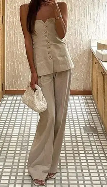 

Women's Long Pants Set 2023 Fashion Ladies Office Suit Sexy Sleeveless Single Breasted Top Solid Color Loose Pants Two-Piece Set