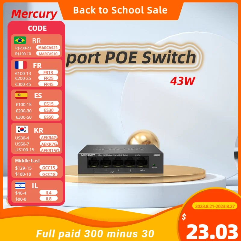 Mercury MS05CP 5-port Steel Shell 100M Network Monitoring Home Network Cable POE Switch Ethernet Vlan Switch  Suite Internet