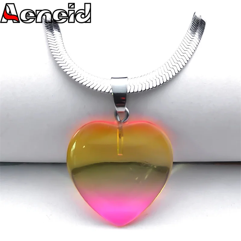 

Gradient Colorful Heart Shape Glass Pendant Necklace for Women Men Stainless Snake Clavicle Chain Choker Necklaces Jewelry NXS04