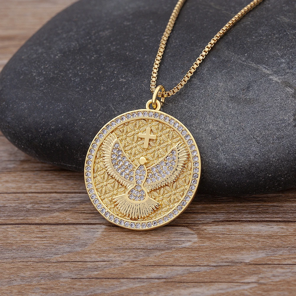 

AIBEF High quality zircon round inlaid swallow relief Crystal Cross Pendant gold necklace Unisex retro jewelry personality gift