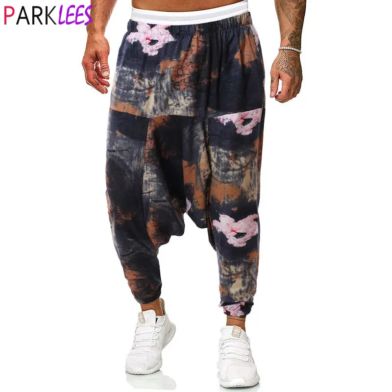 

Men's Splash Ink Baggy Harem Low Crotch Pants Stylish Floral Printed Genie Boho Pants Cotton Casual Hippie Streetwear Trousers