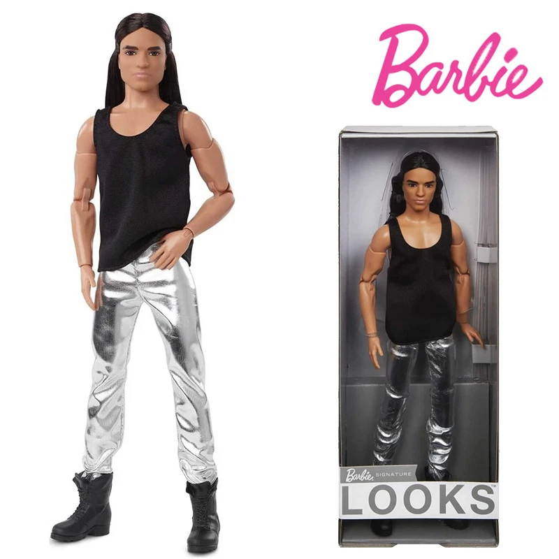 

Barbie Toys HCB79 Signature Looks Ken Pop Long Brunette Hair Fully Movable Fashion Doll Wearing Black Tank Top Collector Gift