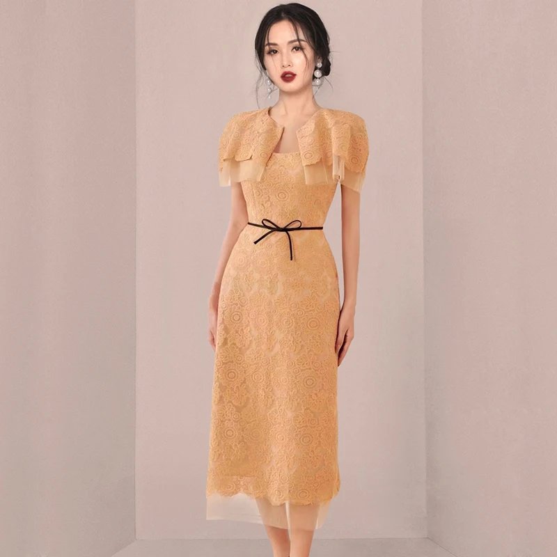 

High Quality Luxurious Elegant Lace Dress for Women Vintage O Neck Cloak Hight Waist Slim Fit Short Sleeve Midi Summer Dress