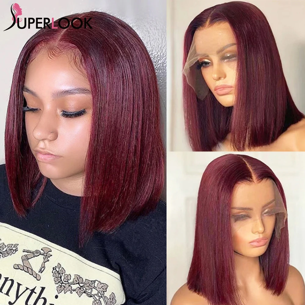 99J Red Short Bob Wig Ombre Lace Front Wigs For Black Women Brazilian Human Hair Natural Black Burgundy Colored T Part Lace Wig
