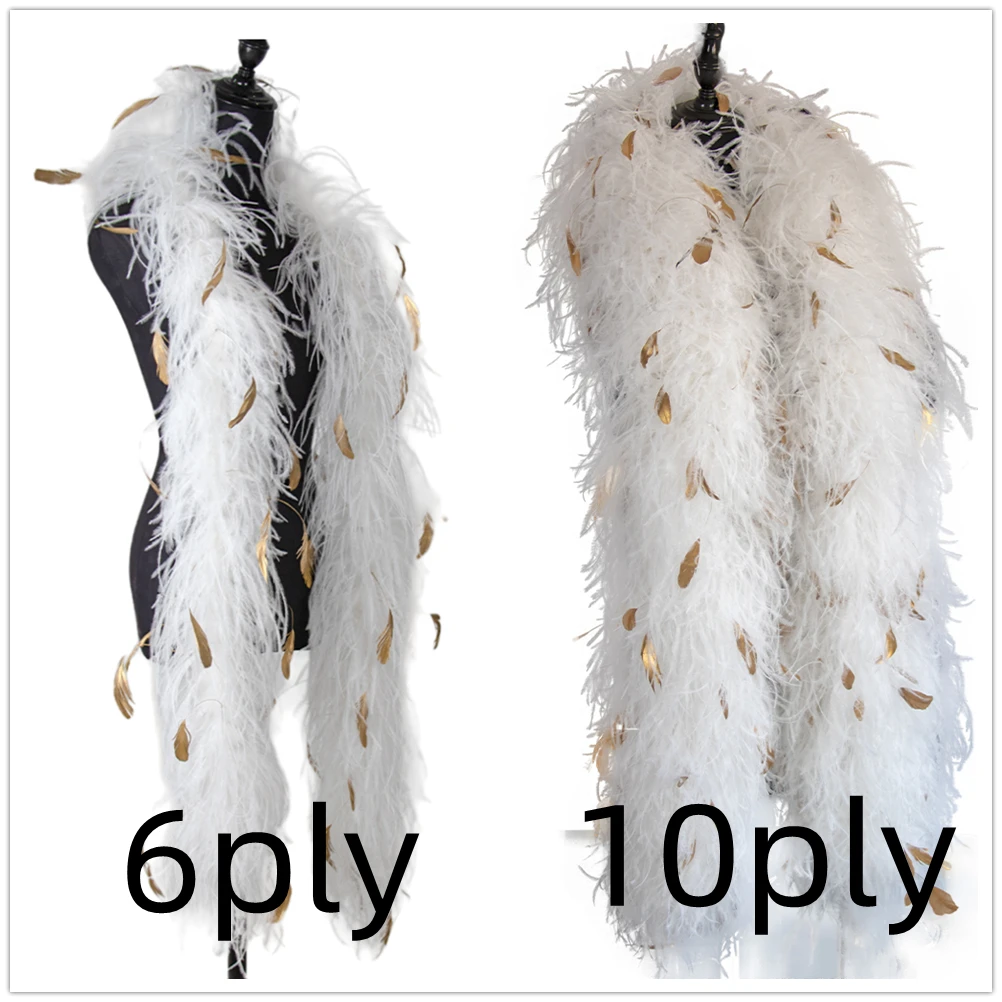 

New 6PLY 10PLY White Ostrich feathers boa with Gold Rooster Feathers Scarf for Wedding Party Dress Decoration Feather Boa shawl