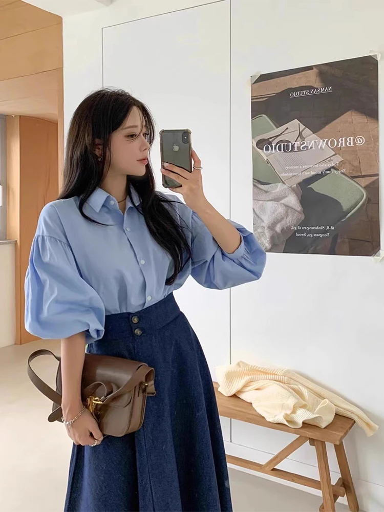 Корейская шикарная весна 2024 новые нежные рубашки с рукавами-фонариками