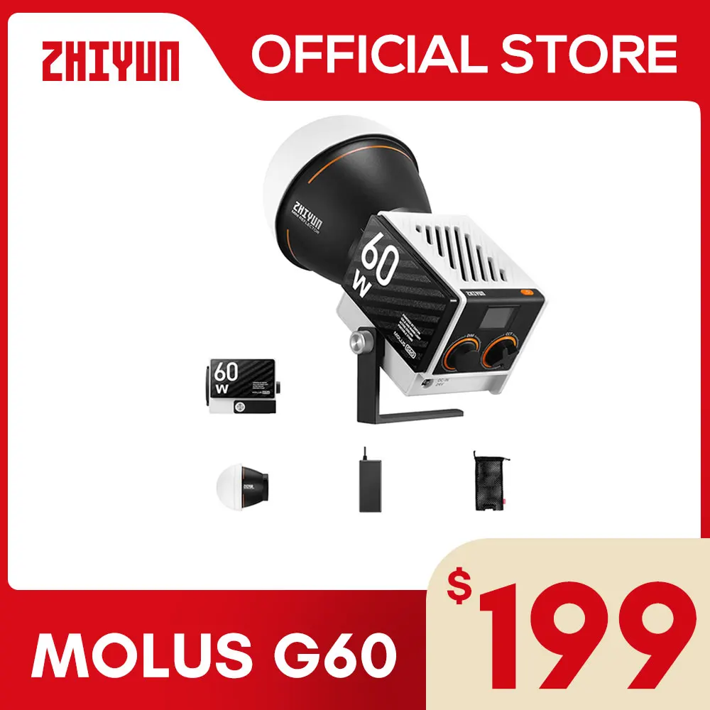 

ZHIYUN Official MOLUS G60 COB LED Light 60W Outdoor Photo/Video Shooting Handheld Portable Pocket Light Photography Lighting