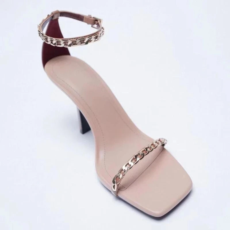 

Женские босоножки на шпильках ZARZ, розовые вечерние босоножки с металлической цепочкой и квадратным носком, обувь для вечеринки на лето 2022