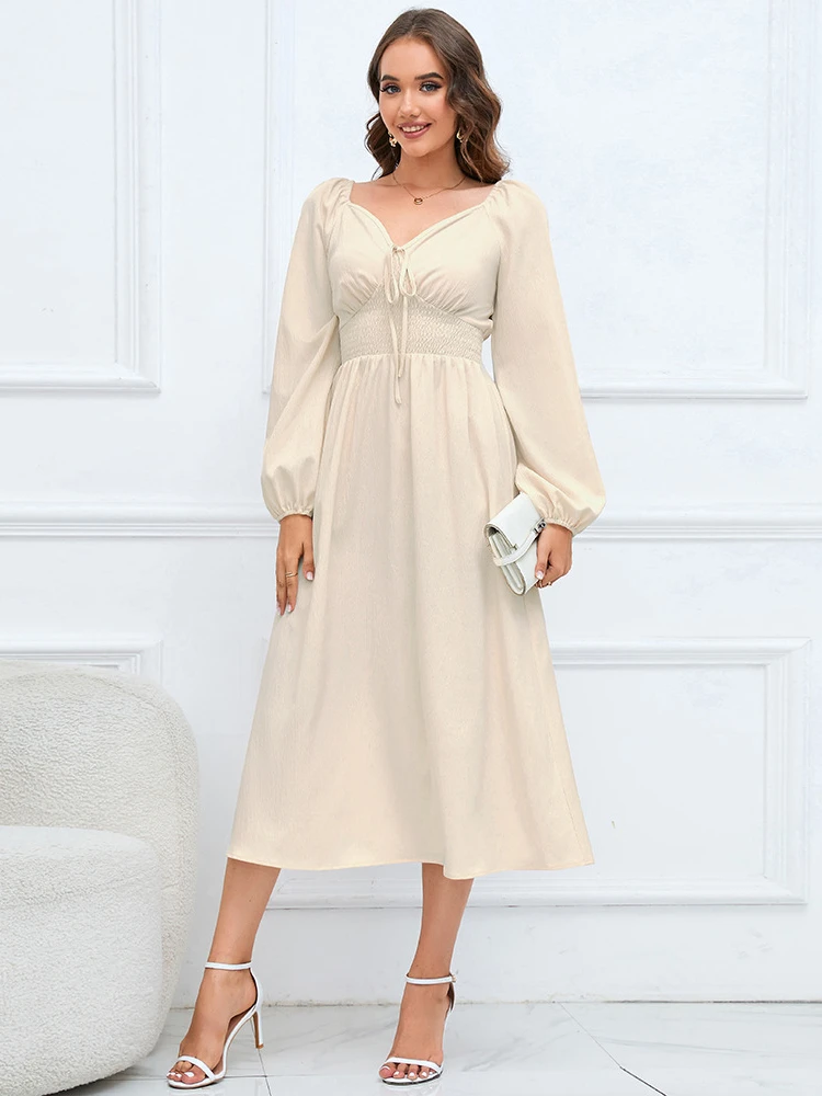

2023 New Autumn Winter Women Dress V-neck Slim Temperament Solid Long Sleeves Pullover Oversized Dresses Long A-line Skirt