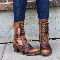 2022 new women winter outdoor lace up ankle boots ladies square heel pu boot plus size 35 43 casual booties woman zapatos mujer