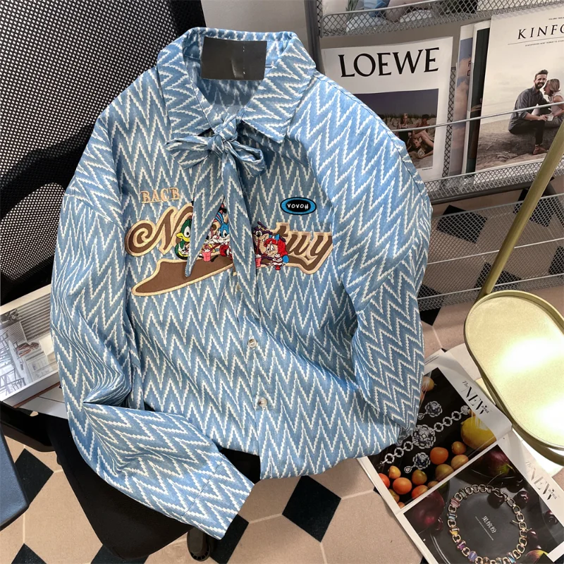 

Geometric Cartoon Embroidery Bow Collar Button Up Shirt Women Long Sleeve Casual Shirt 2022 Summer New Japanese Retro Shirt Ins