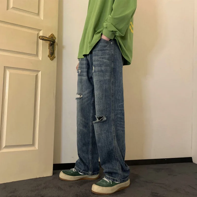 Summer Blue Ripped Jeans Men Fashion Casual Baggy Straight Jeans Men Streetwear Hip Hop Loose Hole Denim Pants Mens Trousers