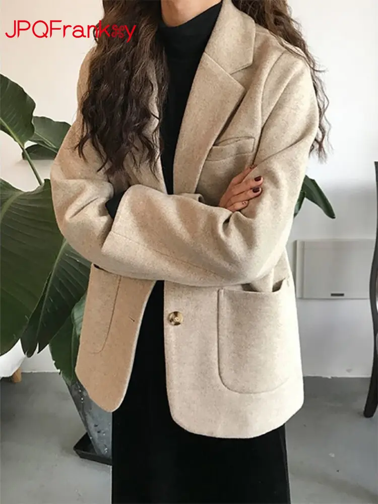 

Autumn and Winter New Women's Korean Pockets Solid Office Lady Casual Suit with Thick Cotton Jacket Blazer Women Coats