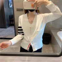 summer college style tb four bar v neck ice linen knitted cardigan womens single breasted slim fitting jacket