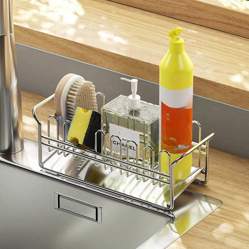 

Kitchen Sink Organizer Holder Multifunctional 304 Stainless Steel Kitchen Sink Rack with Sponge Holder and Drainboard