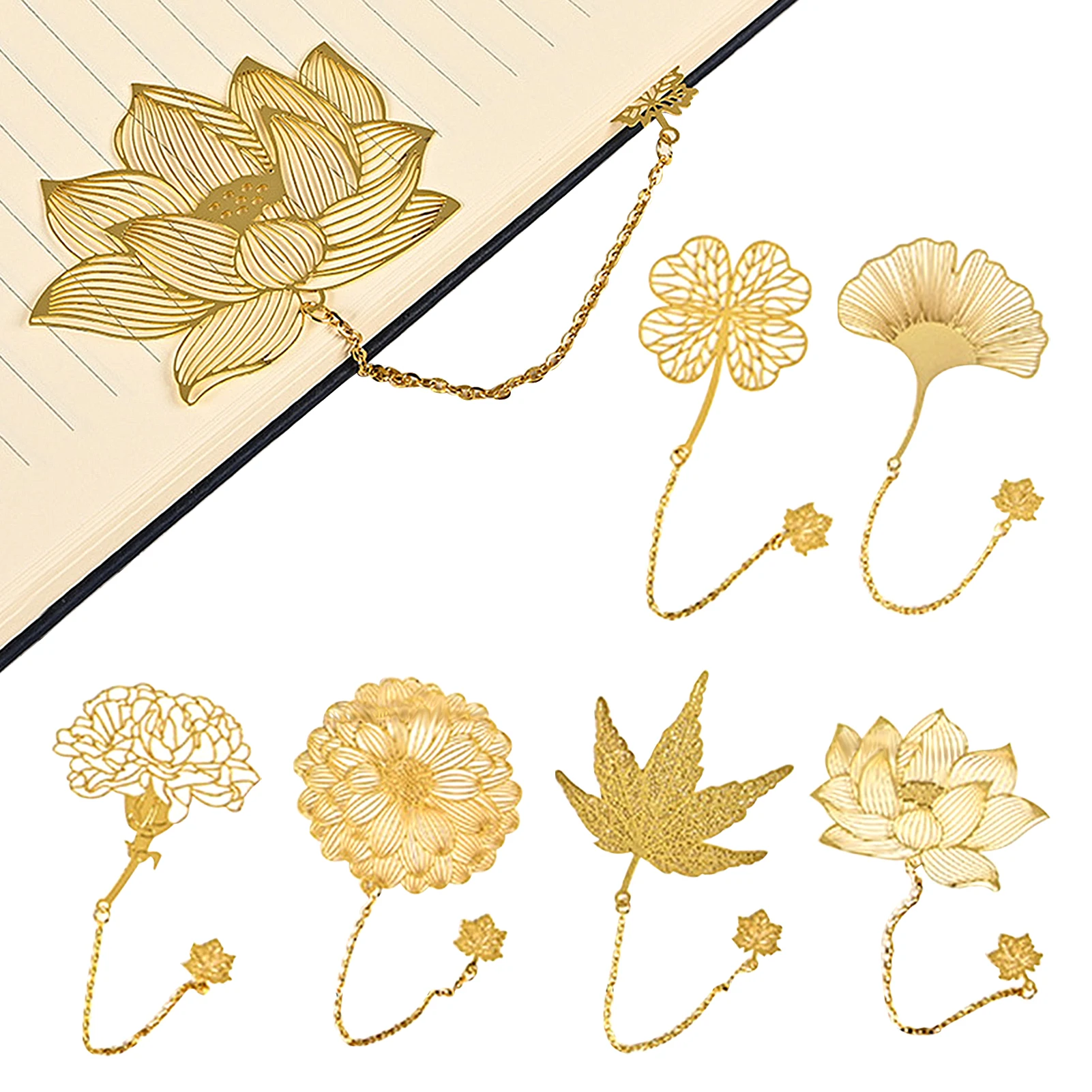 

6pcs Chinese Men Women Lotus Metal Bookmark Ginkgo Maple Leaf Golden Elegant Brass Retro With Chain Gift For Book Lovers