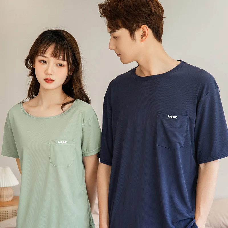 Summer Couple Pajamas Sets Solid Sleepwear Summer Short Sleeve Tops + Shorts Loungewear Plus Size Male Nightwear Pyjamas Suit