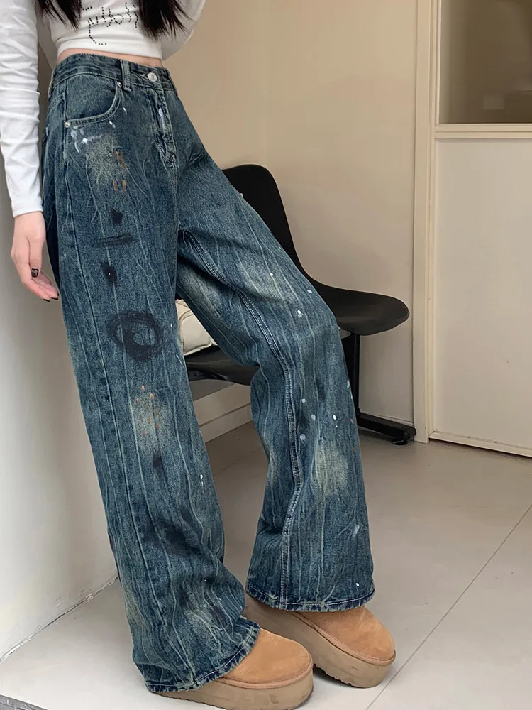 2024 Trashy Y2K Feminino Inkjet граффити мешковатые новые джинсовые брюки для женщин в стиле