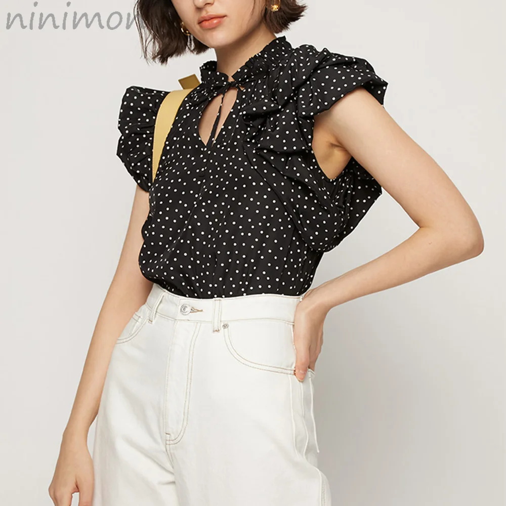

NINIMON Women Summer Polka Dot Sleeveless Blouse Solid Hollow Out Shirt Kuzuwata Ruffles 2 Wear Sleeve Bow Lace Up Collar Shirts