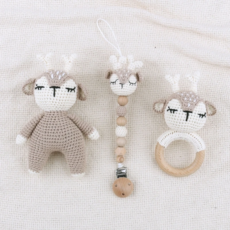 

3PCS Pacifier Clip Baby Teether Rings Crochet Baby Shower Gift for Infant A2UB