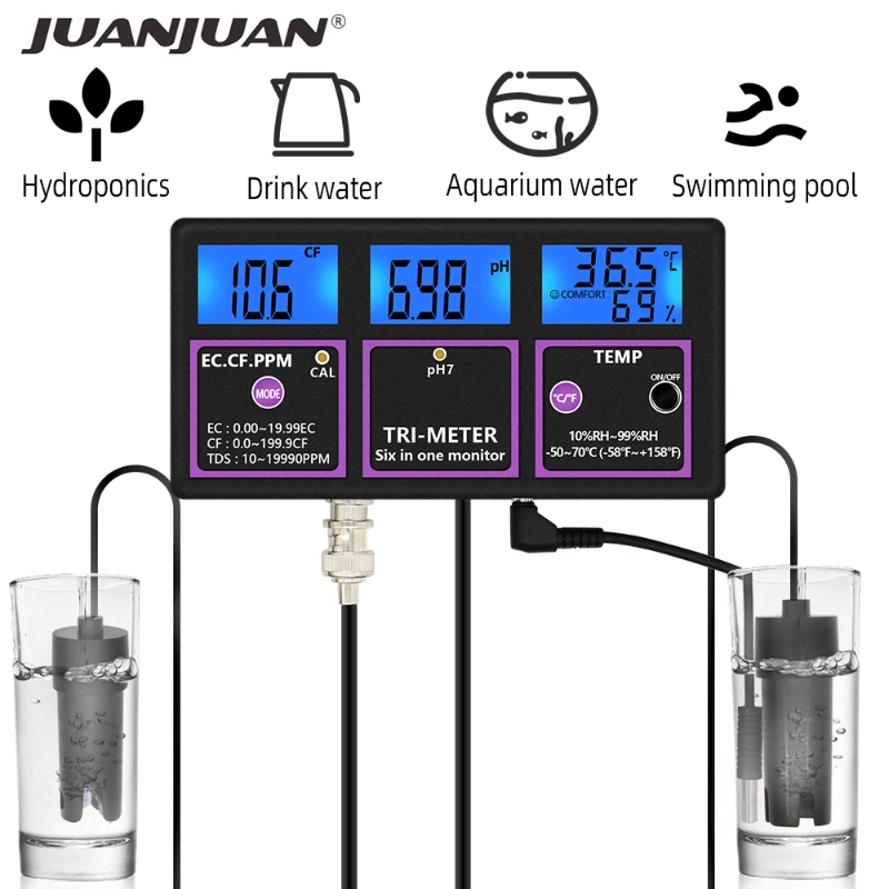 

6 in 1 Digital PH EC CF Meter RH TDS Temperature Analyzer Water Quality Tester Six In One Monitor For Aquarium Pool