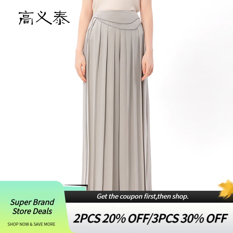 

Love Silk Elegant Pantskirt Ultimate Gray Trousers Office Ladies Culottes Long Pleated Woman Wide-leg Sweeping Pants KY003