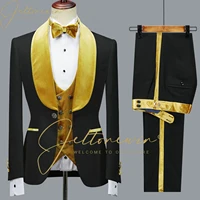 jeltonewin high quality black floral men suits for wedding groom tuxedos gold velvet shawl lapel formal party best man blazer