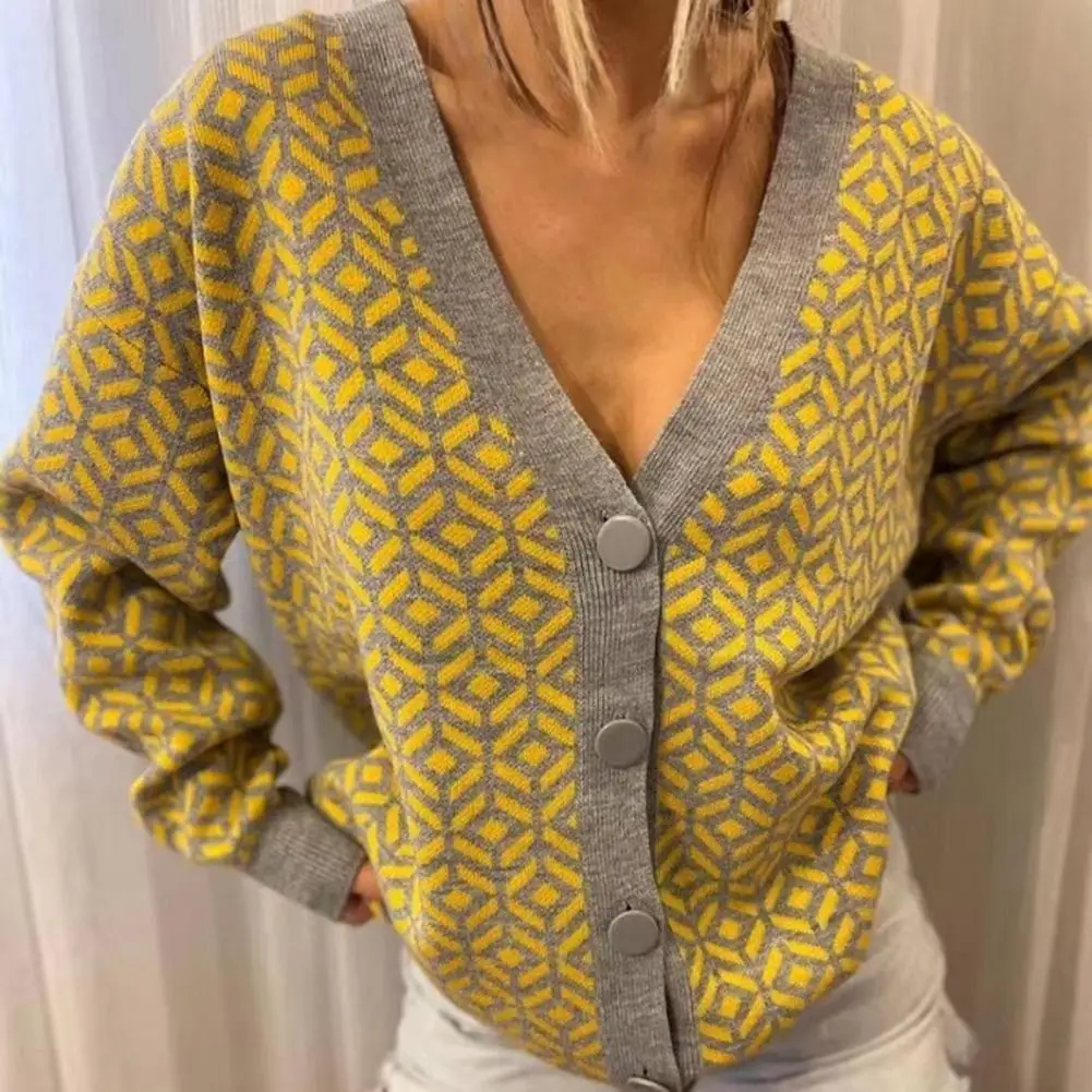 

Cardigan V-Neck Long Sleeve Loose Fit Ribbed Trim Knitted Cardigan Autumn Winter Jacquard Print Buttons Knitted Coat Outerwear