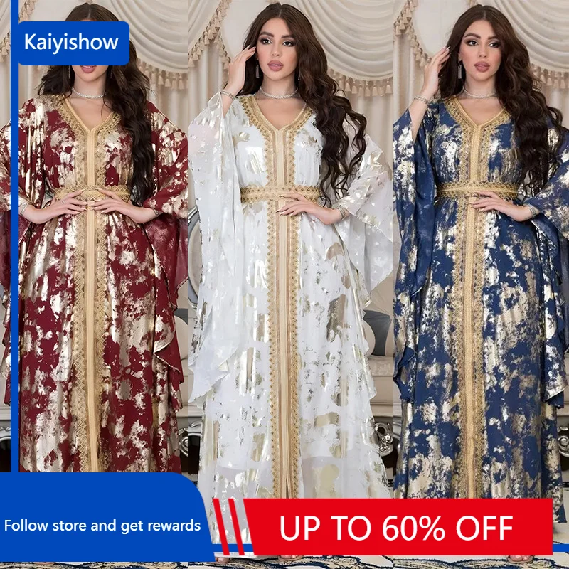 Spring Autumn Muslim Fashion V-neck Long Sleeve Polyester Red Blue White Long Abaya Muslim Elegant Abaya with Belt Abaya Dress