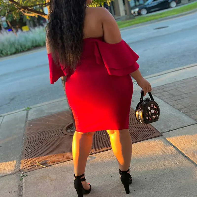 Sexy Plus Size Clothes Women Summer Autumn Double-deck Ruffles One Word Neck Backless Bag Hip Irregular Party Slim Short Dress