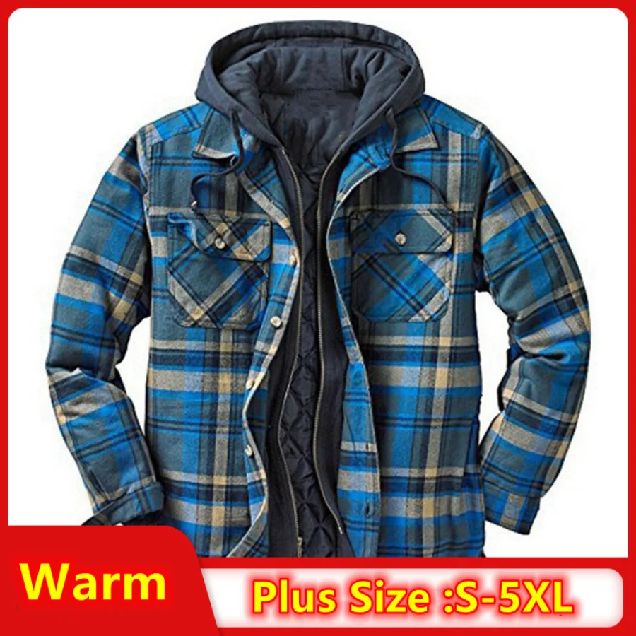 2022 Men Retro Vintage Autumn Winter Long Sleeve Plaid Shirt Jacket For Men Checked Jacket Coat Overcoat Hooded Pocket Jacket