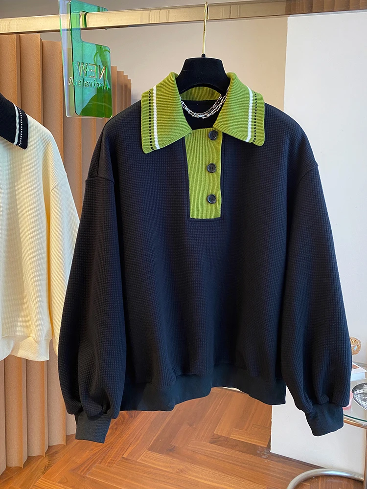 

2022 женские свитшоты с отложным воротником, американская винтажная толстовка, Свободные повседневные пуловеры, контрастные цвета, цвет улич...