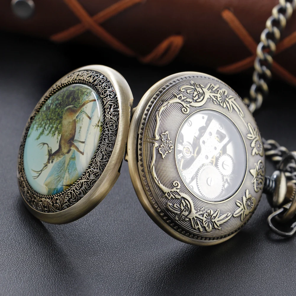 Antique Reindeer Hunter Series Manual Stringed Mechanical Pocket Watch Men's Necklace Pendant Clock Vintage Gentleman Gift