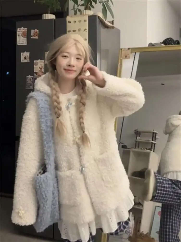 Корейская серия дизайнерский капюшон из овечьей шерсти женское пальто 2024 зимнее