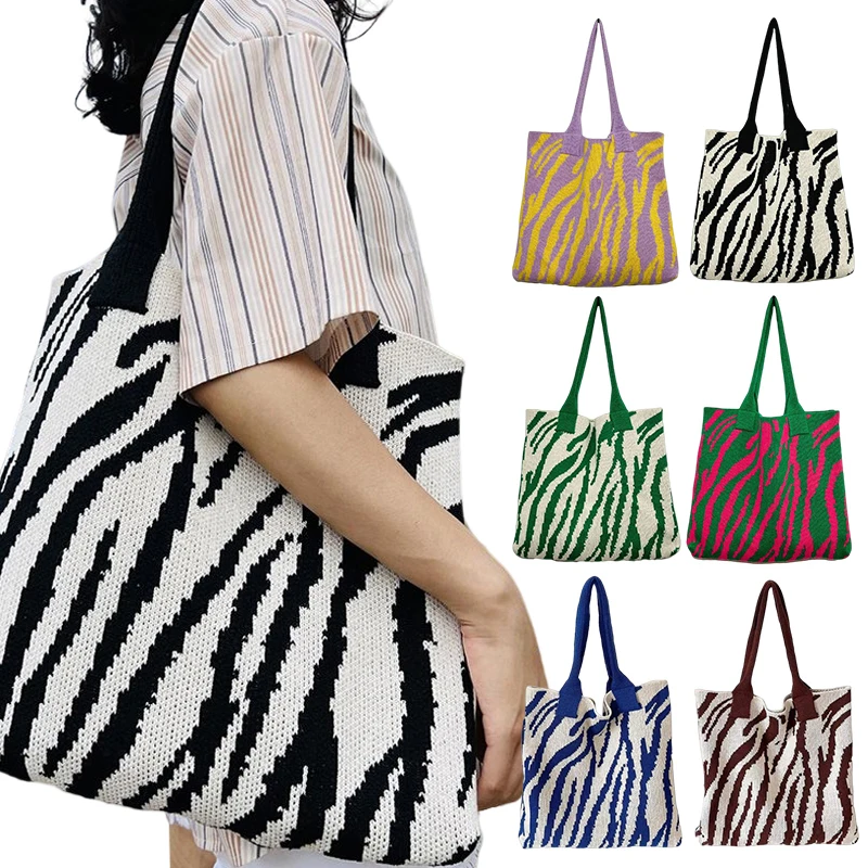 

Fashion Zebra Pattern Knitted Women's Bag Retro Shoulder Bag Ladies Eco Shopper Knitting Handbags Girls Simple Crochet Rope Bag