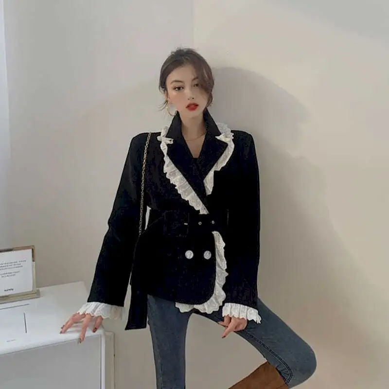 

UNXX Corduroy Lace Blazer Coat Women Diablo Style Design Ruffles Long Sleeve Loose Gothic Black Outerwear Blazers High Street