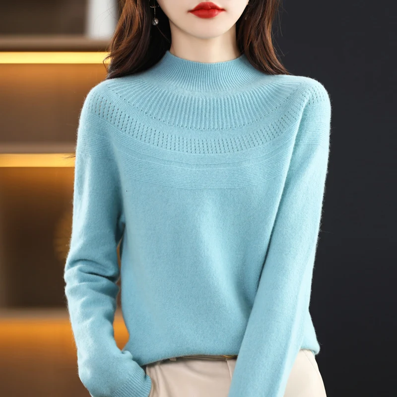 

Half Turtleneck Sweater Women's First-Line Ready-To-Wear Pure Wool Bottoming Shirt Autumn And Winter New Pullover Hollow Kni