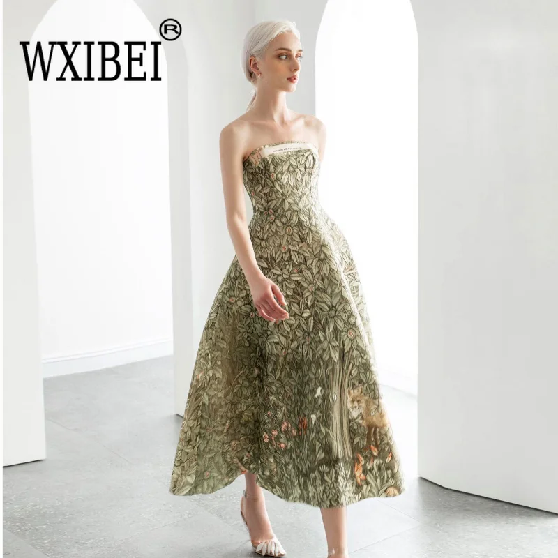 

WXIBEI Sexy Strapless Print Sling Dress Women's 2023 Summer New Sleeveless Slim High Waist Large Hem Fashion Evening Dress FC565