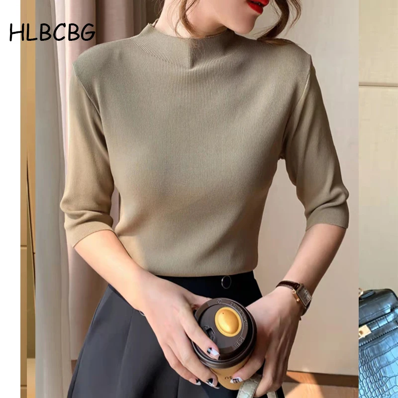 

HLBCBG 2022 New Women Spring Summer T Shirt Knitted Casual Half Sleeves Top Turtleneck Slim Kintwear Basic Female T-shirt
