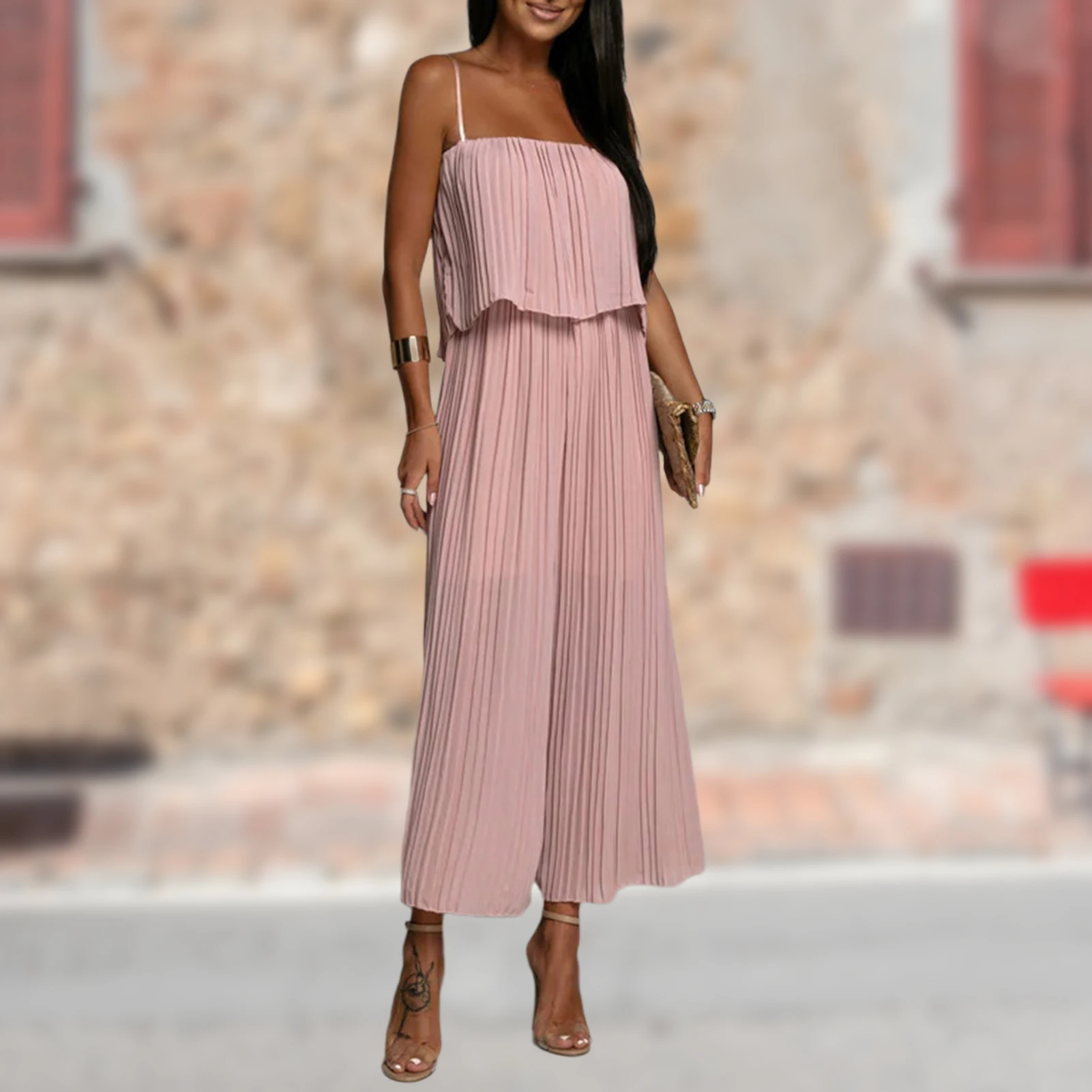 

Summer New Women Spaghetti Strap Jumpsuit Casual Style Sleeveless Solid Color Loose Fit Wide Leg Pants Beach Suits