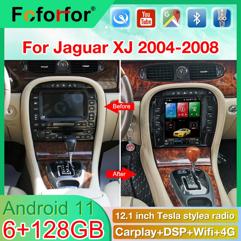 Фото Автомагнитола для Jaguar XJ 04-08, мультимедийный проигрыватель Tesla стиля Android 11, 128 ГБ, фотомагнитофон с копчиком einhe №1