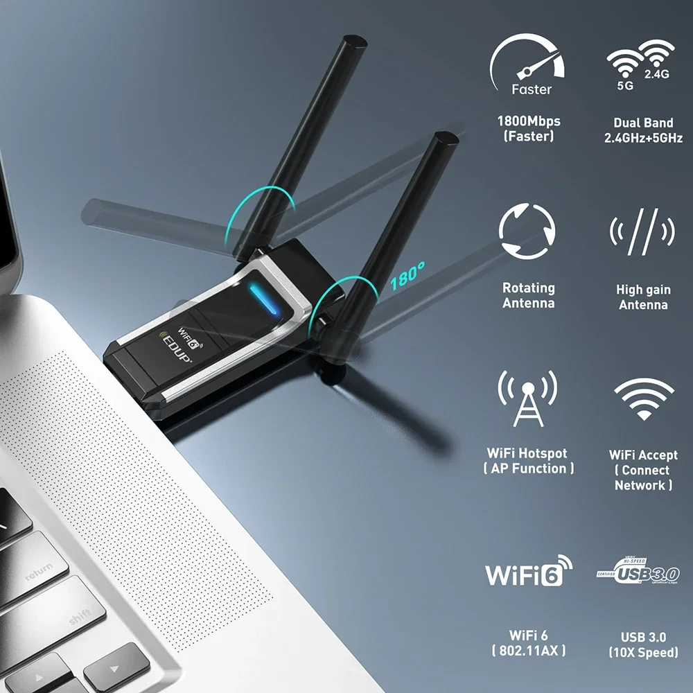 Фото EDUP WiFi6 USB-адаптер двухдиапазонный AX1800 MU-MIMO Soft AP WiFi-адаптер Беспроводной Wi-Fi-ключ 802.11AX Сетевая карта для Windows10/11 №4