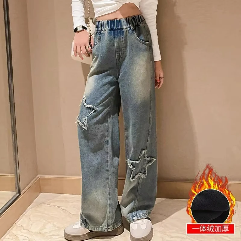 2025 детские зимние теплые широкие джинсы брюки на подкладке джинсовые для девочек