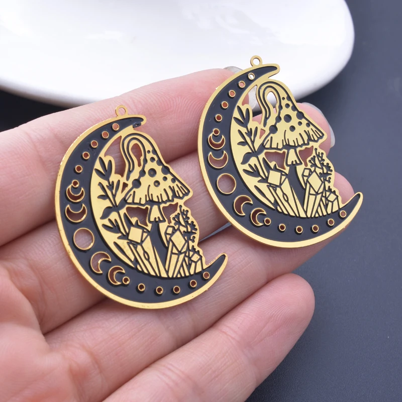 6pcs AD3365 New Design Gold Plated  Engraving Brass Moon And Mushroom Charms Pendant Jewelry  Earring Accessories