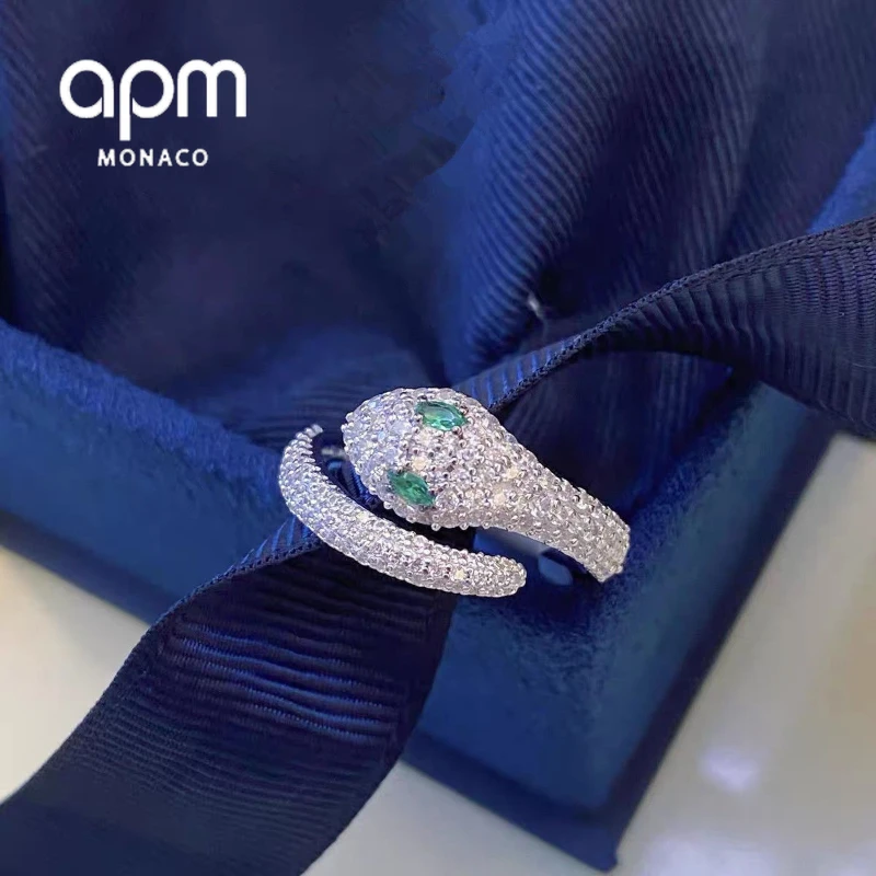 

APM Monaco Green Snake-shaped Retro Luxury Ladies Ring Opening Inlaid Fine Sparkle Temperament Elegant High-sense Evening Ring