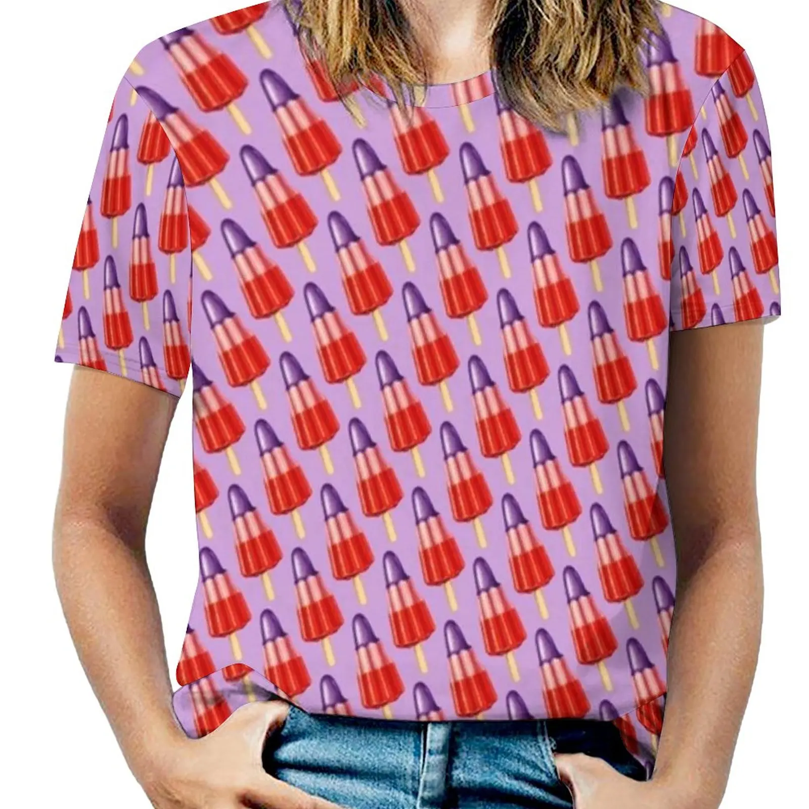 

Zoom Ice Lolly Pattern 2 Woman'S T-Shirt Spring And Summer Printed T Shirts Crew Neck Pullover Top Food Popsicle Ice Cream